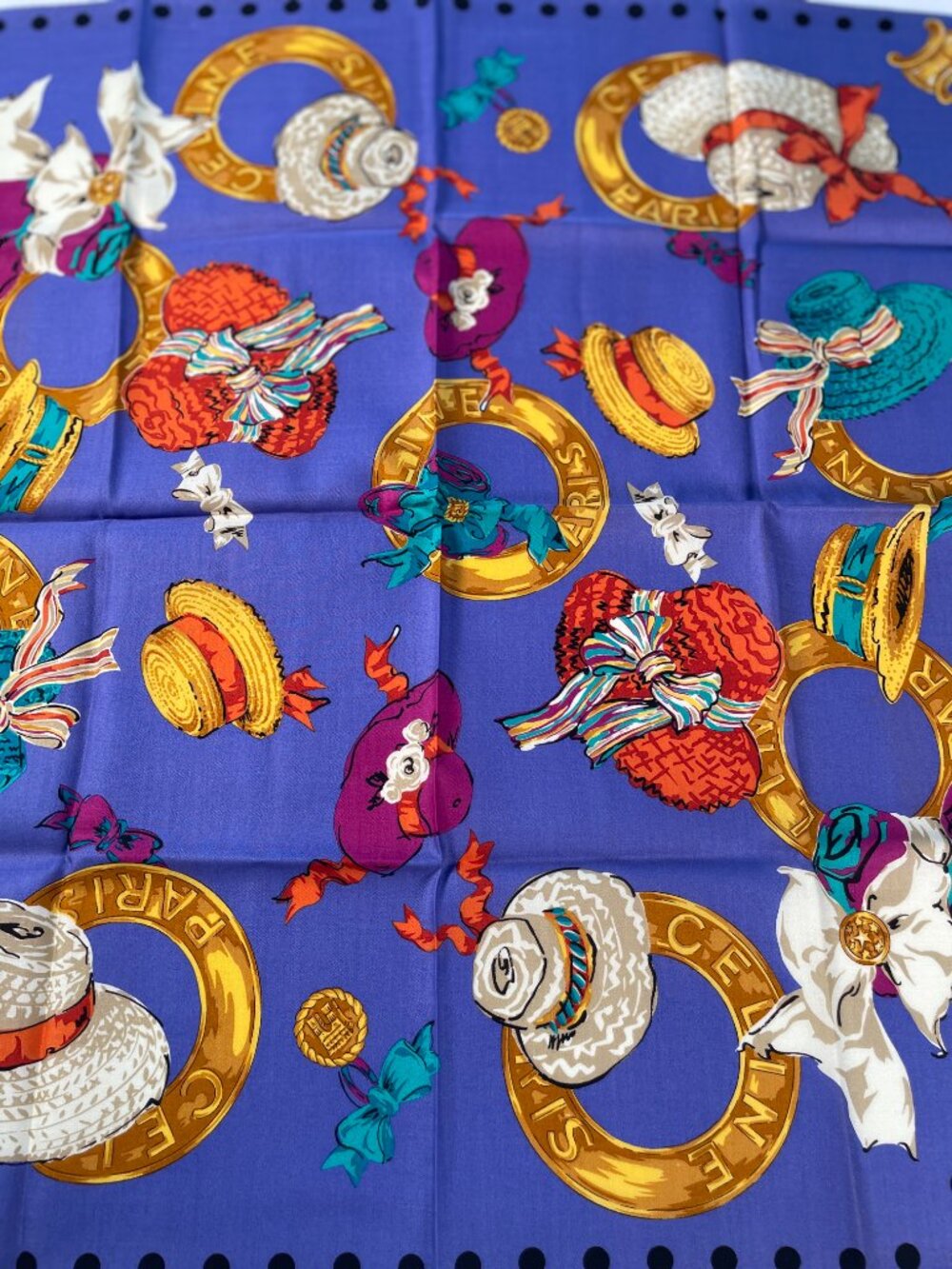 Céline Paris Cotton Scarf Colorful Hats & Rope Print 20" Square - Picture 5 of 13